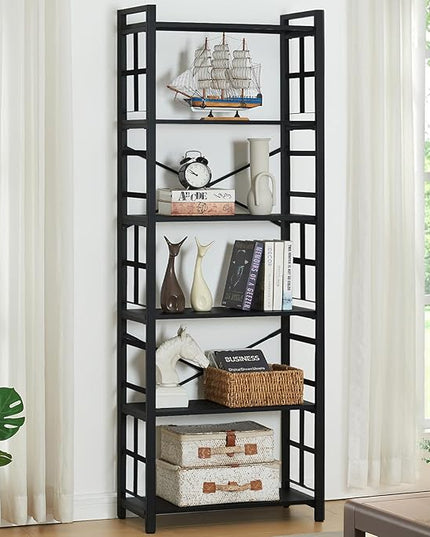 HOMBAZAAR Bookshelf,6 Tier Tall Bookshelf with Metal Frame,Open Bookshelves and Bookcases,Industrial Book Shelf for Living Room,Home Office and Bedroom,Black - LeafyLoom