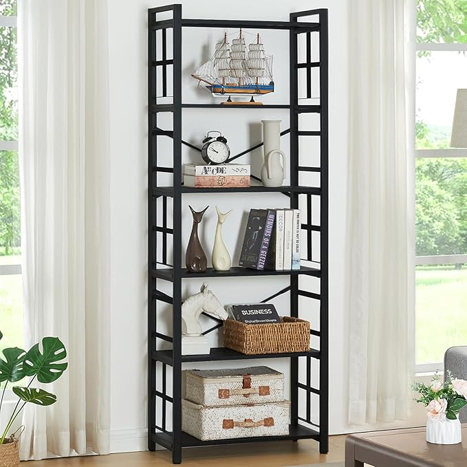 HOMBAZAAR Bookshelf,6 Tier Tall Bookshelf with Metal Frame,Open Bookshelves and Bookcases,Industrial Book Shelf for Living Room,Home Office and Bedroom,Black - LeafyLoom
