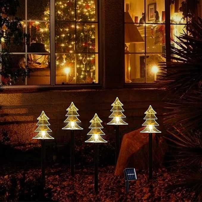 ILLUMINEW Christmas Solar Pathway Lights, Set of 5 Waterproof Landscape Christmas Lights, Stake Christmas Decorations, LED Lights for Yard Lawn Patio Walkway Decor (5PCS-Warm White-Tree) ILLUMINEW