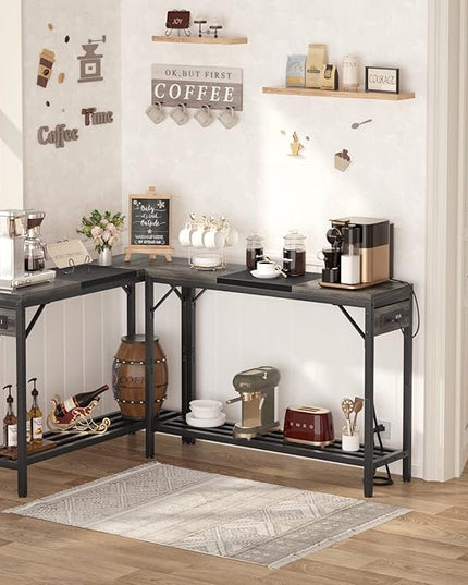 Narrow Console Table with Power Strips, Sofa Table with Storage Shelves for Living Room, 2-Tier Foyer Table for Entryway, Hallway, Behind Couch, Kitchen Counter, 39'', Grey Oak & Black - LeafyLoom