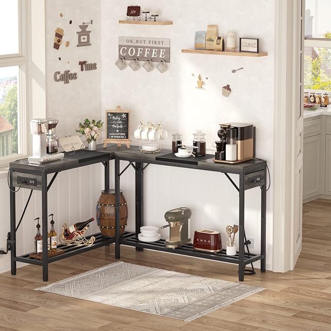 Narrow Console Table with Power Strips, Sofa Table with Storage Shelves for Living Room, 2-Tier Foyer Table for Entryway, Hallway, Behind Couch, Kitchen Counter, 39'', Grey Oak & Black - LeafyLoom