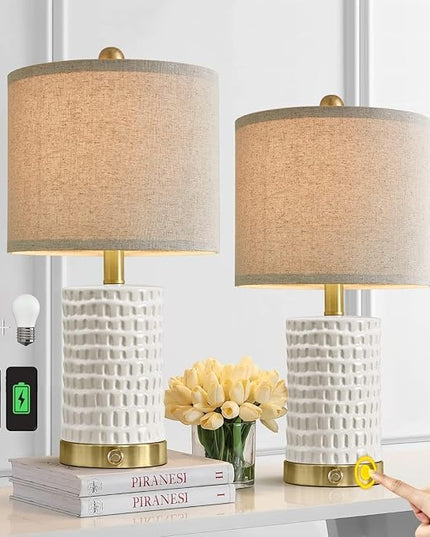 PORTRES 19" Farmhouse 3-Way Dimmable Touch Ceramic Table Lamp Set of 2 for Bedroom White Bedside Lamps with USB A+C Charging Ports for Living room Nightstand Lamp End Table lamps - LeafyLoom