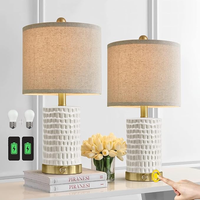 PORTRES 19" Farmhouse 3-Way Dimmable Touch Ceramic Table Lamp Set of 2 for Bedroom White Bedside Lamps with USB A+C Charging Ports for Living room Nightstand Lamp End Table lamps - LeafyLoom