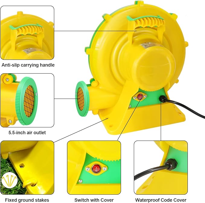 Bounce House Blower, 1100W 1.47HP Commercial Air Blower with Double-sided Fan Blade Design, Strong Wind and Great Heat Dissipation Properties for Large Bouncy Castle, Jump Slides, Arch - LeafyLoom
