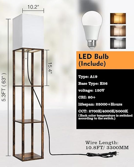 Floor Lamp with Shelves, Modern Standing Shelf Lamp with 3 CCT LED Bulb and White Shade for Living Room Bedroom and Office Deco-Brown - LeafyLoom