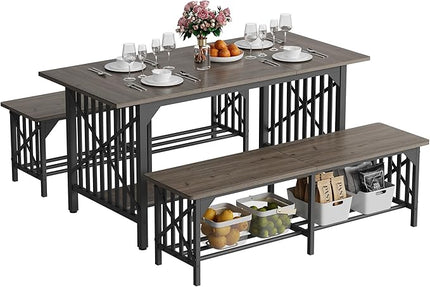 DWVO 3-Piece Dining Table Set for 4-6 People, 63" Dining Room Table with 2 Benches, Industrial Rectangular Dining Room Table Set with Storage for Kitchen, Dining Room, Grey - LeafyLoom