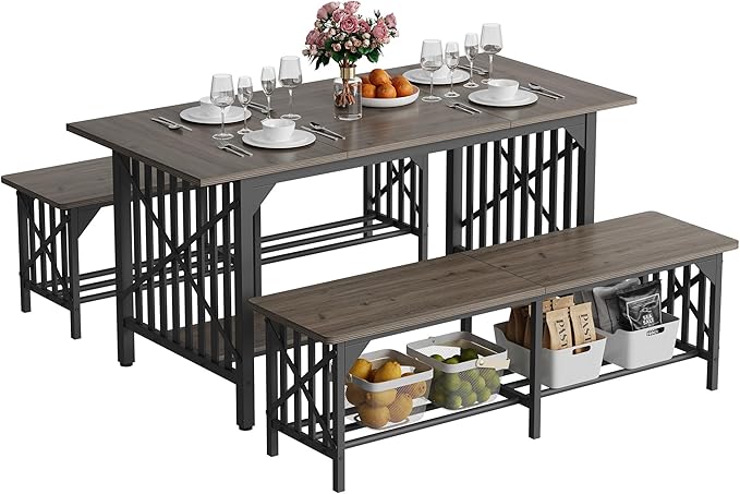 DWVO 3-Piece Dining Table Set for 4-6 People, 63" Dining Room Table with 2 Benches, Industrial Rectangular Dining Room Table Set with Storage for Kitchen, Dining Room, Grey - LeafyLoom