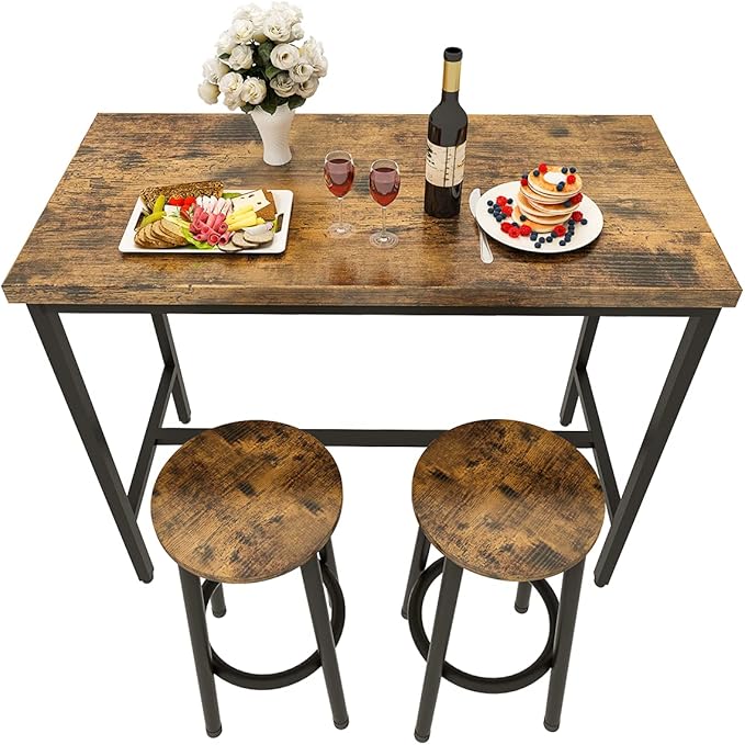 Recaceik 3 Piece Pub Dining Set, Modern bar Table and Stools for 2 Kitchen Counter Height Wood Top Bistro Easy Assemble for Breakfast Nook Living Room Small Space Restaurant, Rustic Brown 39” - LeafyLoom