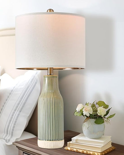 23.75" Modern Green Ceramic Table Lamp Set of 2 for Living Room, Farmhouse Bedside Nightstand Lamp for Bedroom Home Office Dorm - LeafyLoom