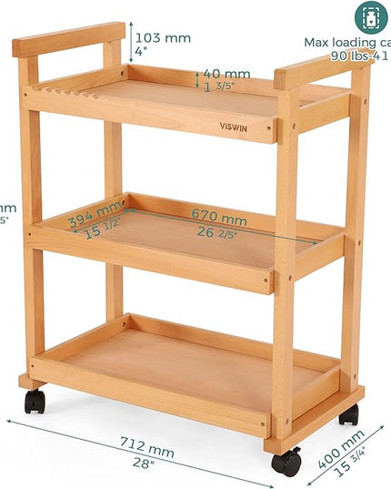 VISWIN 37" H Art Cart Storage Organizer 3-Tier, Solid Beech Wood Rolling Utility Cart with Caster Wheels, Multifunctional Art Supplies Craft Cart Organizer, Trolley for Studio, Classroom, Kitchen - LeafyLoom