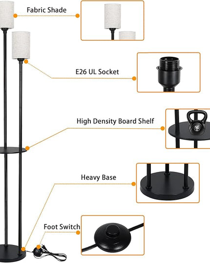Floor Lamp - 3 Lights Modern Floor Lamp for Living Room, Dimmable Tall Pole Lamp with Shelves, Farmhouse Standing lamp for Bedrooms Office Home Decor, 3 LED Bulbs Included, 3 Color Temperatures - LeafyLoom