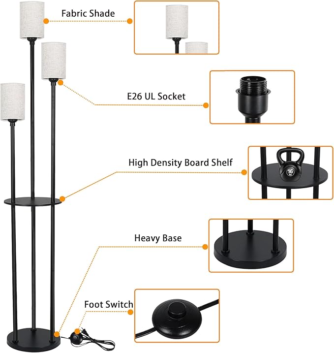 Floor Lamp - 3 Lights Modern Floor Lamp for Living Room, Dimmable Tall Pole Lamp with Shelves, Farmhouse Standing lamp for Bedrooms Office Home Decor, 3 LED Bulbs Included, 3 Color Temperatures - LeafyLoom
