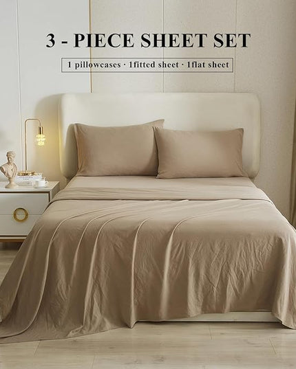 HighBuy Twin Bed Sheets Set - 3 Piece Bedding - Khaki Washed Microfiber Sheets Twin,Breathable Sheets Shrinkage and Fade Resistant - Deep Pocket 16 Inch - Easy Fit Fitted Sheet,Pillowcases Set - LeafyLoom