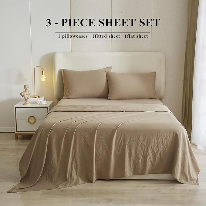 HighBuy Twin Bed Sheets Set - 3 Piece Bedding - Khaki Washed Microfiber Sheets Twin,Breathable Sheets Shrinkage and Fade Resistant - Deep Pocket 16 Inch - Easy Fit Fitted Sheet,Pillowcases Set - LeafyLoom