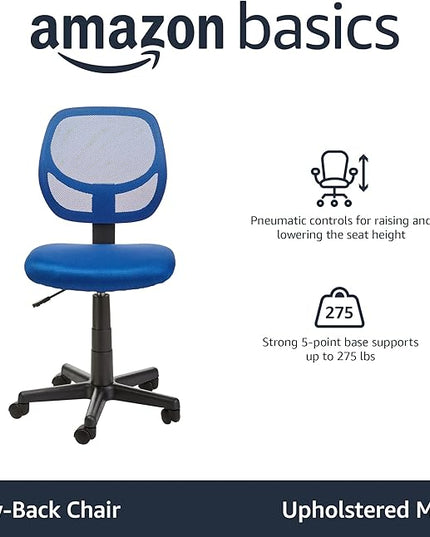 Amazon Basics Office Computer Task Desk Chair, Low-Back, Pneumatic Seat, Breathable Mesh, Adjustable, 21.25"D x 22.5"W x 38"H, Swivel, 270 Pound Capacity, Blue Nylon - LeafyLoom