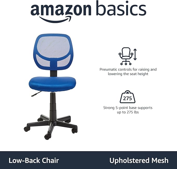 Amazon Basics Office Computer Task Desk Chair, Low-Back, Pneumatic Seat, Breathable Mesh, Adjustable, 21.25"D x 22.5"W x 38"H, Swivel, 270 Pound Capacity, Blue Nylon - LeafyLoom