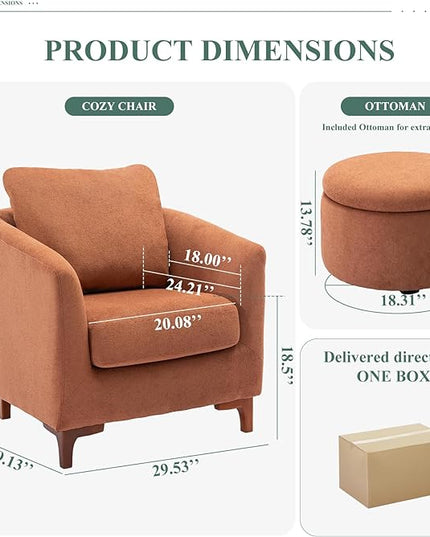 COLAMY Velvet Accent Chair with Storage Ottoman Set, Upholstered Barrel Arm Chair with Footrest, Living Room Chair with Back Pillow, Light Brown - LeafyLoom