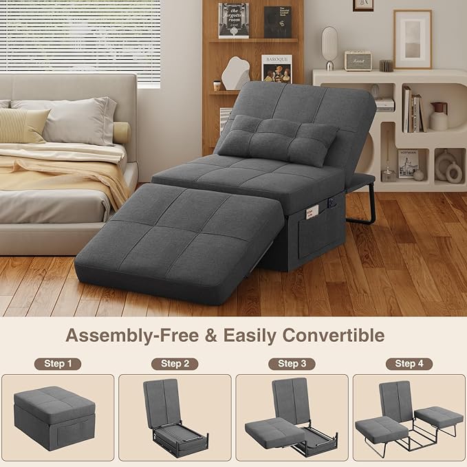 Sleeper Chair Bed, 4 in 1 Convertible Chair Bed Sofa Bed, Assembly-Free Sofa Chair Bed with Adjustable Backrest and Pillow, Modern Breathable Linen Fabric for Living Room Apartment Office, Dark Grey - LeafyLoom