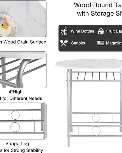 VECELO 3 Piece Small Round Dining Table Set for Kitchen Breakfast Nook, Wood Grain Tabletop with Wine Storage Rack, Save Space, 31.5", White & Silver - LeafyLoom