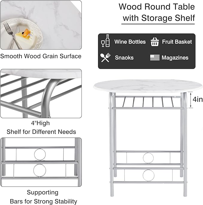 VECELO 3 Piece Small Round Dining Table Set for Kitchen Breakfast Nook, Wood Grain Tabletop with Wine Storage Rack, Save Space, 31.5", White & Silver - LeafyLoom