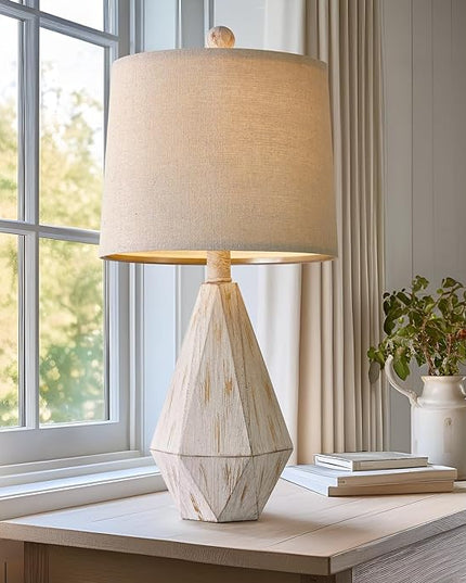 PoKat 20.25" Farmhouse Table Lamp for Nightstand, Vintage Bedside Lamps, Rustic Small Lamp, Modern Side Table Lamp for Living Bed Room Home with Linen Lampshade, White - LeafyLoom