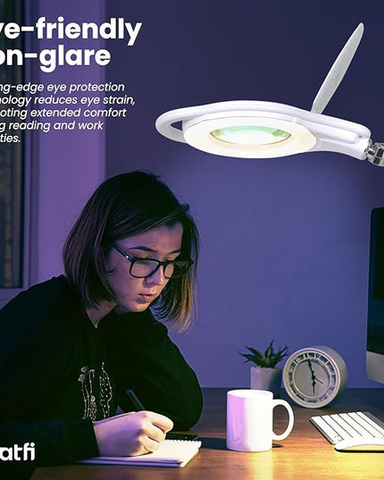 Neatfi Elite LED Magnifying Lamp with Clamp, 8 Diopter, 3000K-6500K Color Temperature, 96 pcs SMD LED, Nonpolar Dimming, Eye-Friendly, Glare-Free, Adjustable Arm Magnifier (5 Inch Lens, White) - LeafyLoom