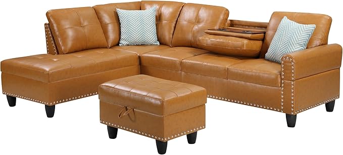 RITSU L Shape Sectional Sofa, Upholstered Corner Couch with Storage Ottoman, Reversible Backrest w/Cup Holder, 4 Seater, Faux Leather Tufted Cushions, for Living Room,Apartment, Ginger, 71 inch - LeafyLoom