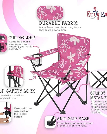 Emily Rose Kids Folding Chair | USA Company | Pink Kid Beach Chair with Safety Lock- Camping Chair for Girls Toddler with Cup Holder & Carry Case- Tailgate, Travel, Beach, Lawn- for Indoor & Outdoor - LeafyLoom