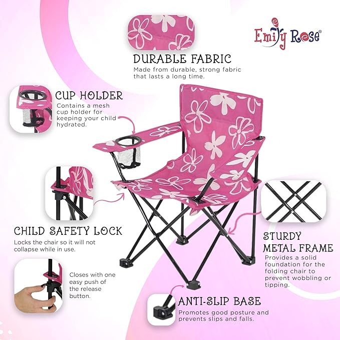 Emily Rose Kids Folding Chair | USA Company | Pink Kid Beach Chair with Safety Lock- Camping Chair for Girls Toddler with Cup Holder & Carry Case- Tailgate, Travel, Beach, Lawn- for Indoor & Outdoor - LeafyLoom
