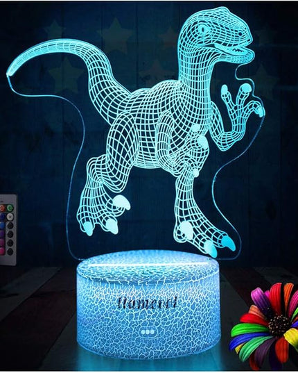 Dinosaur Night Lights for Kids Christmas Gift for Boys Birthday Dino Toy Raptor 3D Illusion Lamp Remote Control 16 Color Change - LeafyLoom