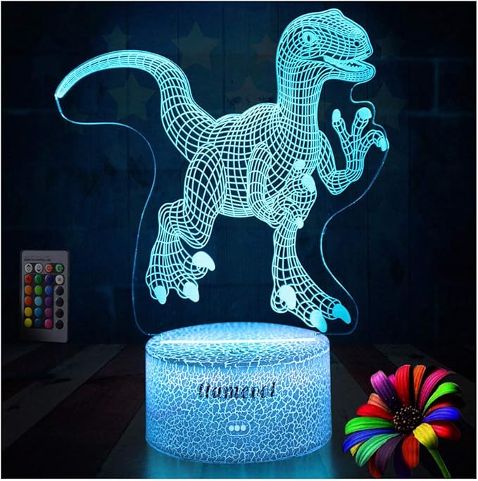 Dinosaur Night Lights for Kids Christmas Gift for Boys Birthday Dino Toy Raptor 3D Illusion Lamp Remote Control 16 Color Change - LeafyLoom