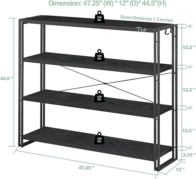 HCHQHS Bookshelf, 4-Tier Industrial Bookcase, Black Open Book Shelf, Freestanding Tall Bookshelves with Metal Frame - LeafyLoom