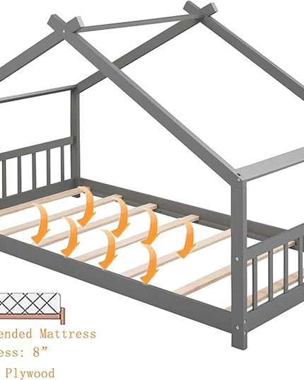 Kids Montessori Floor Bed Twin Size, Twin Floor Bed Frame with Headboard, Footboard and Slats, Wood Montessori Bed Twin Size/House Floor Bed for Kids, Girls, Boys, Gray Floor Bed - LeafyLoom