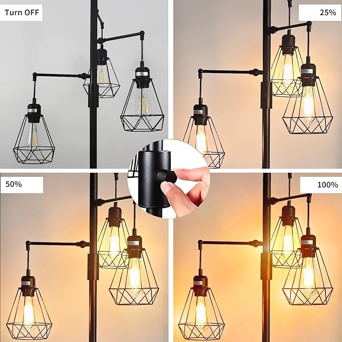 Dimmable Floor Lamp,Industrial Tree Floor Lamp with 3 Birdcage Hanging Cage Heads Up-Down Adjustment Branch Strong Base 69‘‘Tall Vintage Pole Light Great for Farmhouse Rustic Bedroom Office - LeafyLoom