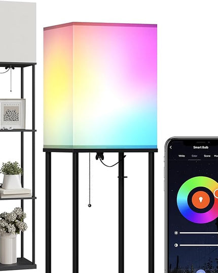 SUNMORY Floor Lamp with Shelves, Smart APP Control Standing Lamp with RGB Bulb, 4-Tier Dimmable Floor Lamps for Living Room, Tall Lamp for Bedroom, Office, Corner Display Bookshelf Lamp - LeafyLoom