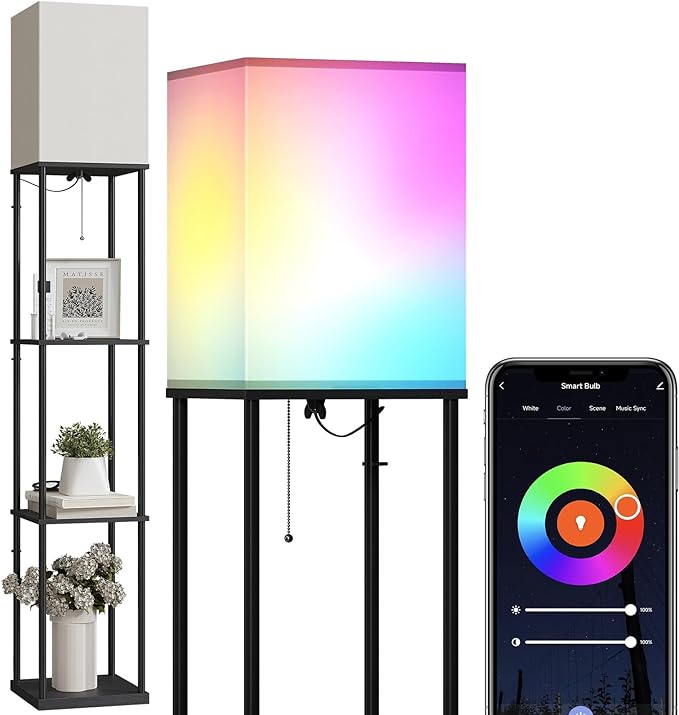SUNMORY Floor Lamp with Shelves, Smart APP Control Standing Lamp with RGB Bulb, 4-Tier Dimmable Floor Lamps for Living Room, Tall Lamp for Bedroom, Office, Corner Display Bookshelf Lamp - LeafyLoom