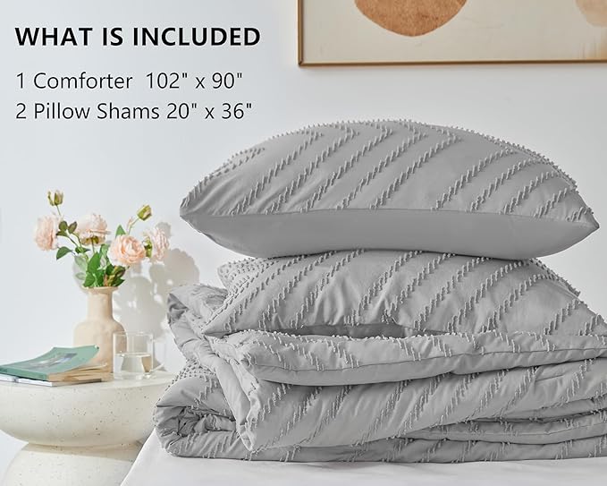 CozyLux King Size Comforter Set Light Grey - 3 Pieces Boho Tufted Shabby Chic Bedding Comforter Set for All Seasons, Chevron Bedding Sets with Comforter & 2 Pillow Shams - LeafyLoom