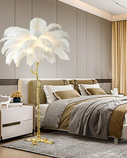 Ostrich Feather Floor Lamp Modern Ostrich Feather LED feather lamp floor Lamp Dimmable Standing feather floor lamp for Living Room Bedroom（White） - LeafyLoom