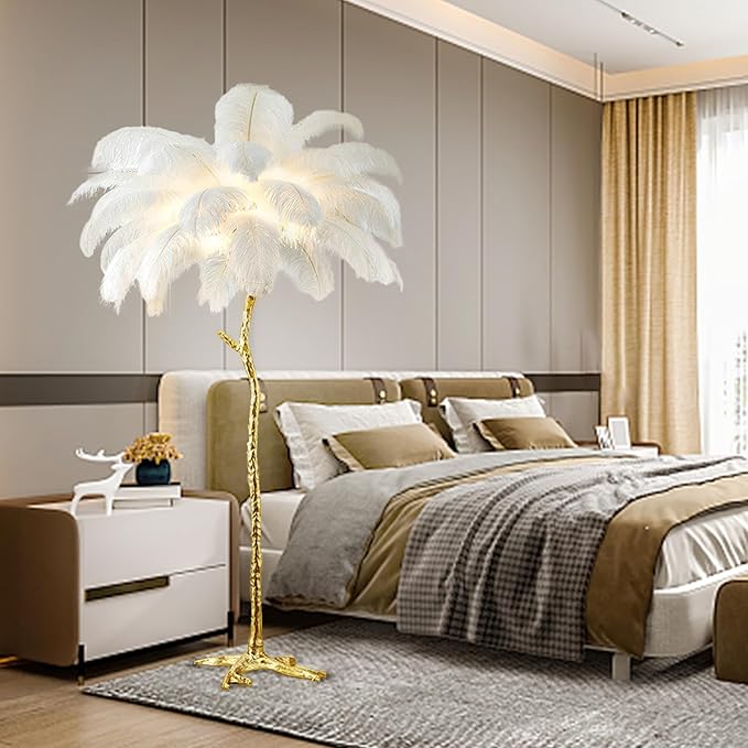 Ostrich Feather Floor Lamp Modern Ostrich Feather LED feather lamp floor Lamp Dimmable Standing feather floor lamp for Living Room Bedroom（White） - LeafyLoom