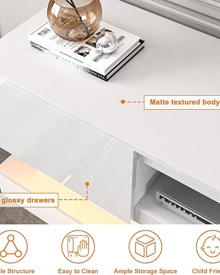 Modern TV Stand Glossy White - TV Console with Led Lights and Storage Drawers for Televisions up to 70 Inchs - Media Entertainment Center for Living Room, Bedroom - LeafyLoom