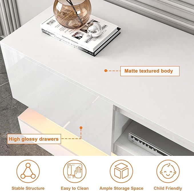 Modern TV Stand Glossy White - TV Console with Led Lights and Storage Drawers for Televisions up to 70 Inchs - Media Entertainment Center for Living Room, Bedroom - LeafyLoom