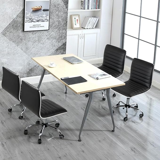 Yaheetech Adjustable Task Chair PU Leather Low Back Ribbed Armless Swivel Black Desk Chair Office Chair Wheels, Black - LeafyLoom