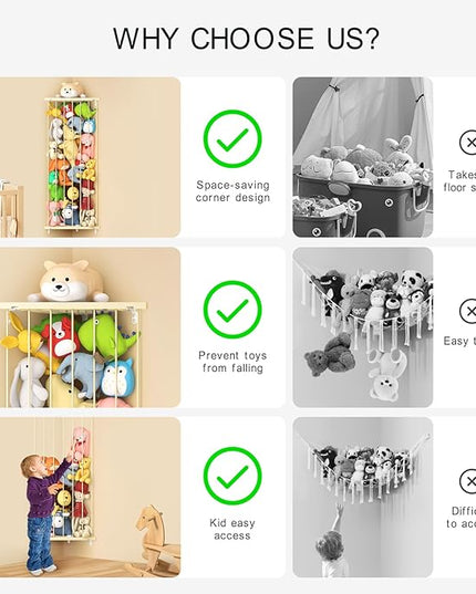 Stuffed Animal Storage Toy Organizer: Corner Stuff Animals Holder for Wall with Adjustable Length - Kids Plush Toys Storage for Nursery Playroom Bedroom Kids Room(Beige) - LeafyLoom