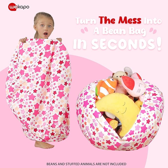 Wekapo Stuffed Animal Storage Bean Bag Chair Cover for Kids | Stuffable Zipper Beanbag for Organizing Children Plush Toys Large Premium Cotton Canvas (Small star, X-Large) - LeafyLoom
