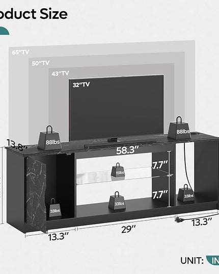 Bestier LED TV Stand with Power Outlets for 55/60/65 Inch TV, Gaming Entertainment Center with Cabinet for PS5, Modern TV Cabinet with Adjustable Glass Shelves for Living Room 58 Inch,Black Marble - LeafyLoom