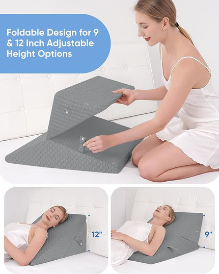 Forias Wedge Pillow for Sleeping 9 &12 Inch Adjustable Bed Wedge Pillow for After Surgery Foldable Memory Foam Triangle Pillow Wedge for Acid Reflux Snoring Post Surgery Back Leg Knee Pain - Gray - LeafyLoom