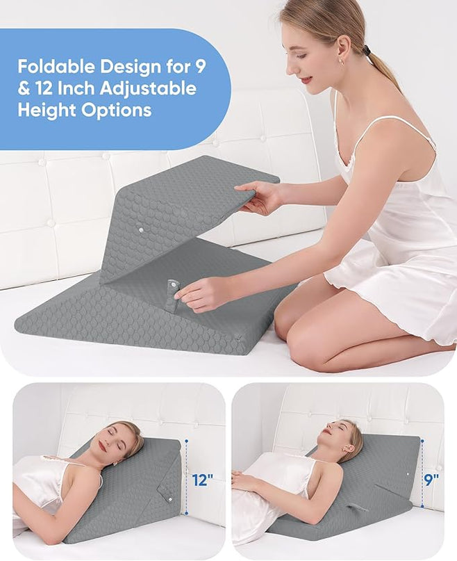 Forias Wedge Pillow for Sleeping 9 &12 Inch Adjustable Bed Wedge Pillow for After Surgery Foldable Memory Foam Triangle Pillow Wedge for Acid Reflux Snoring Post Surgery Back Leg Knee Pain - Gray - LeafyLoom