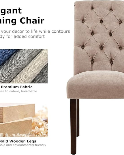 COLAMY Button Tufted Dining Chairs Set of 4, Parsons Upholstered Fabric Dining Room Chairs Kitchen Chairs with Wood Legs and Padded Seat, Taupe - LeafyLoom