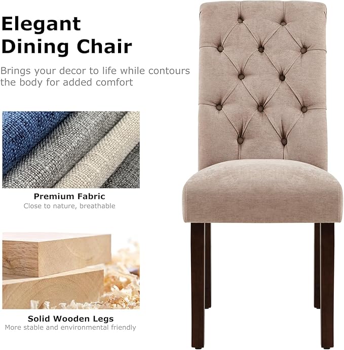 COLAMY Button Tufted Dining Chairs Set of 2, Parsons Upholstered Fabric Dining Room Chairs Kitchen Chairs with Wood Legs and Padded Seat, Taupe - LeafyLoom