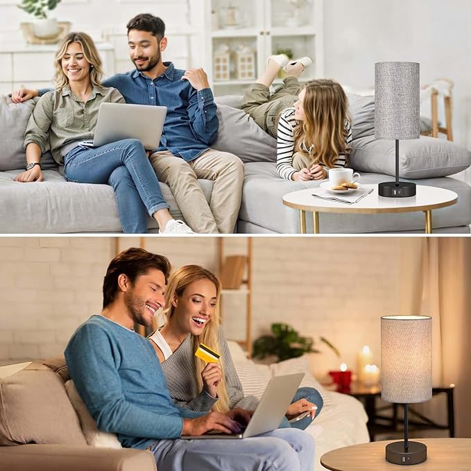 AKASUKI Table Lamp for Bedroom, 3 Way Dimmable Touch Lamp with Dual Charging Station, Small Bedside Lamps for Night Stands, Living Room, Office(LED Bulb Included) - LeafyLoom